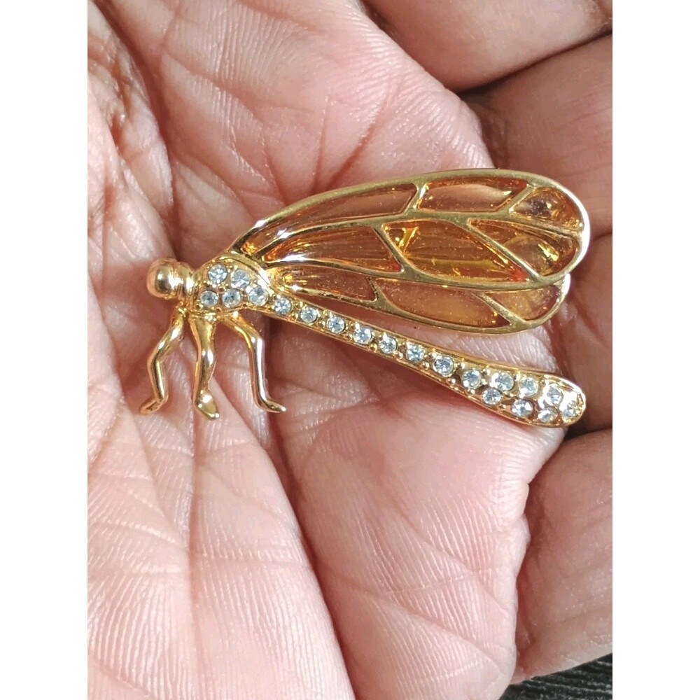 Dragonfly Rhinestone Yellow Stained Glass Gold Tone Vintage Brooch